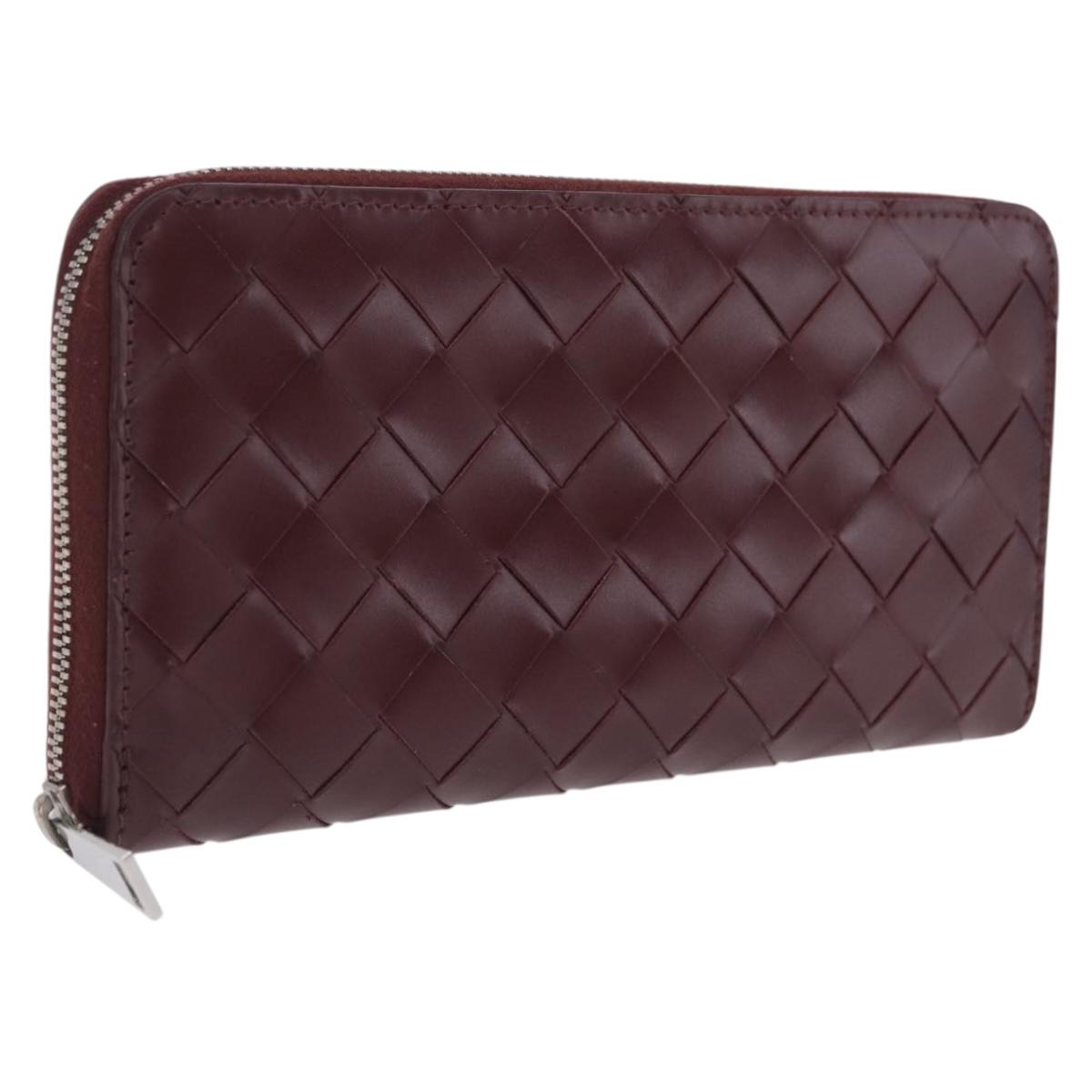 Bottega Veneta INTRECCIATO Long Wallet Leather Bordeaux Silver Auth 210636M