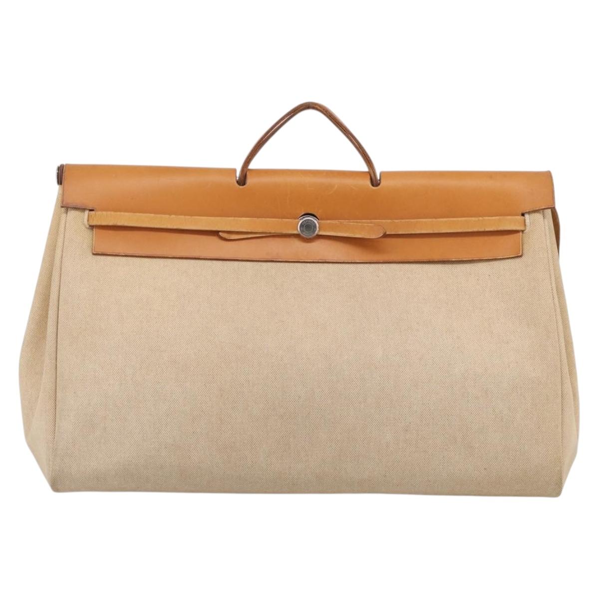 HERMES Herbag TGM Hand Bag Canvas 2way Beige Silver Auth 210637