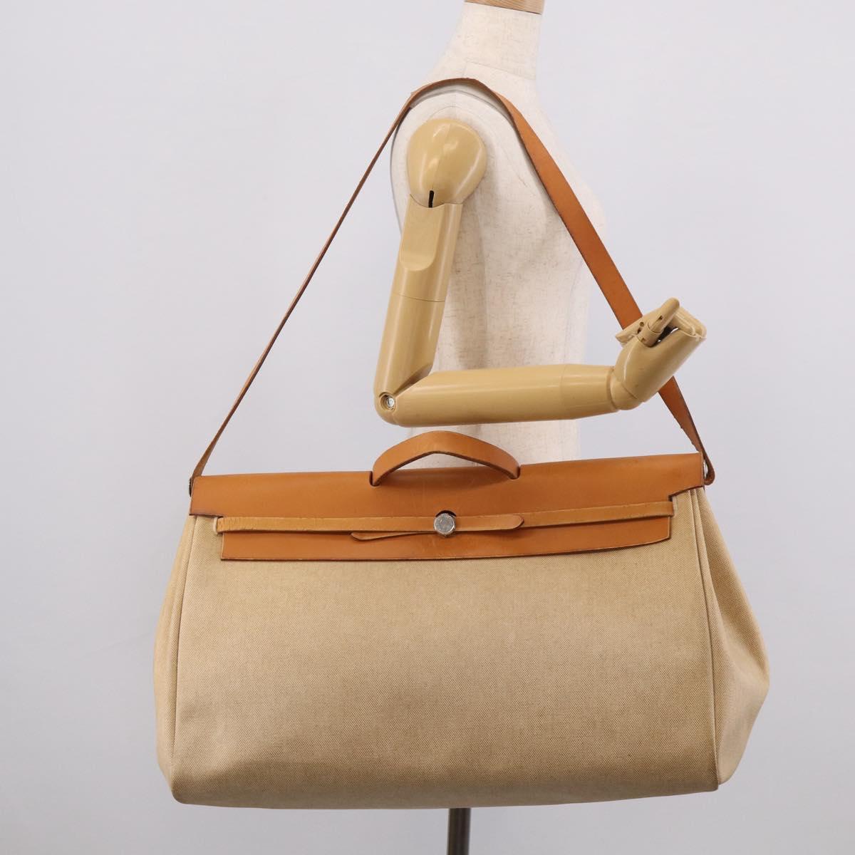 HERMES Herbag TGM Hand Bag Canvas 2way Beige Silver Auth 210637