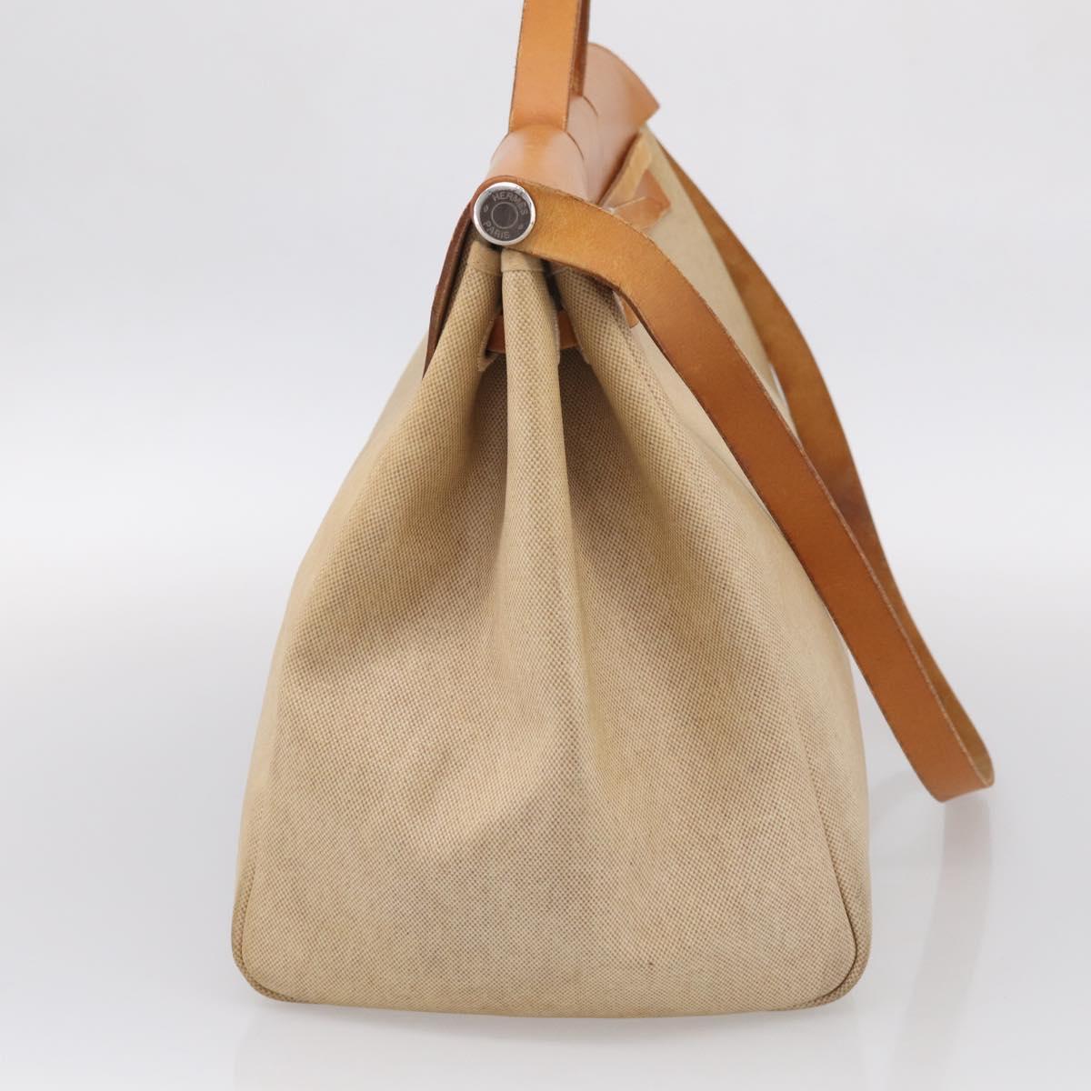 HERMES Herbag TGM Hand Bag Canvas 2way Beige Silver Auth 210637