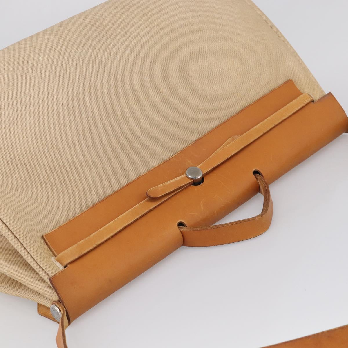HERMES Herbag TGM Hand Bag Canvas 2way Beige Silver Auth 210637