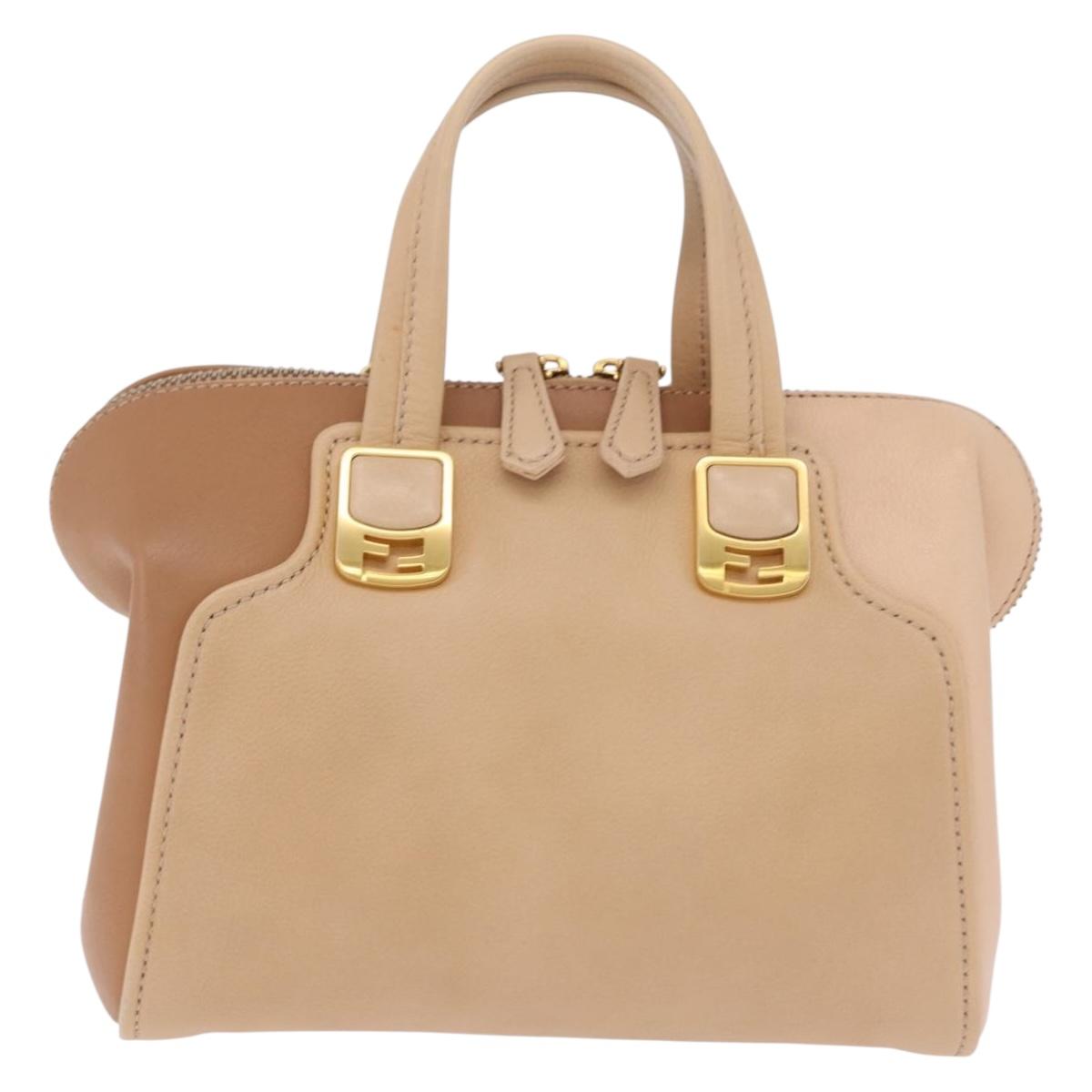 FENDI Chameleon Hand Bag Leather 2way Beige Gold F83 138 Auth 210647V