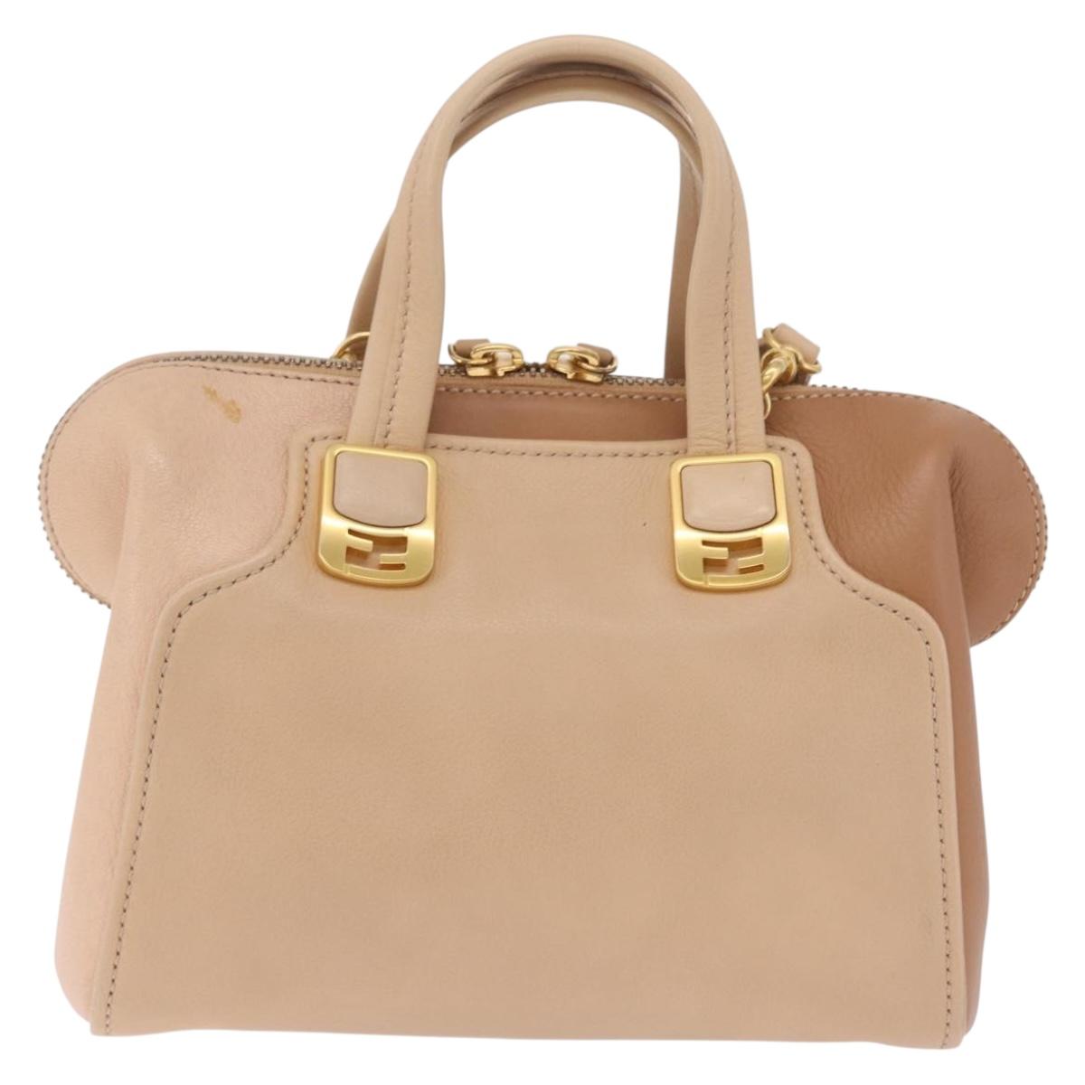 FENDI Chameleon Hand Bag Leather 2way Beige Gold F83 138 Auth 210647V