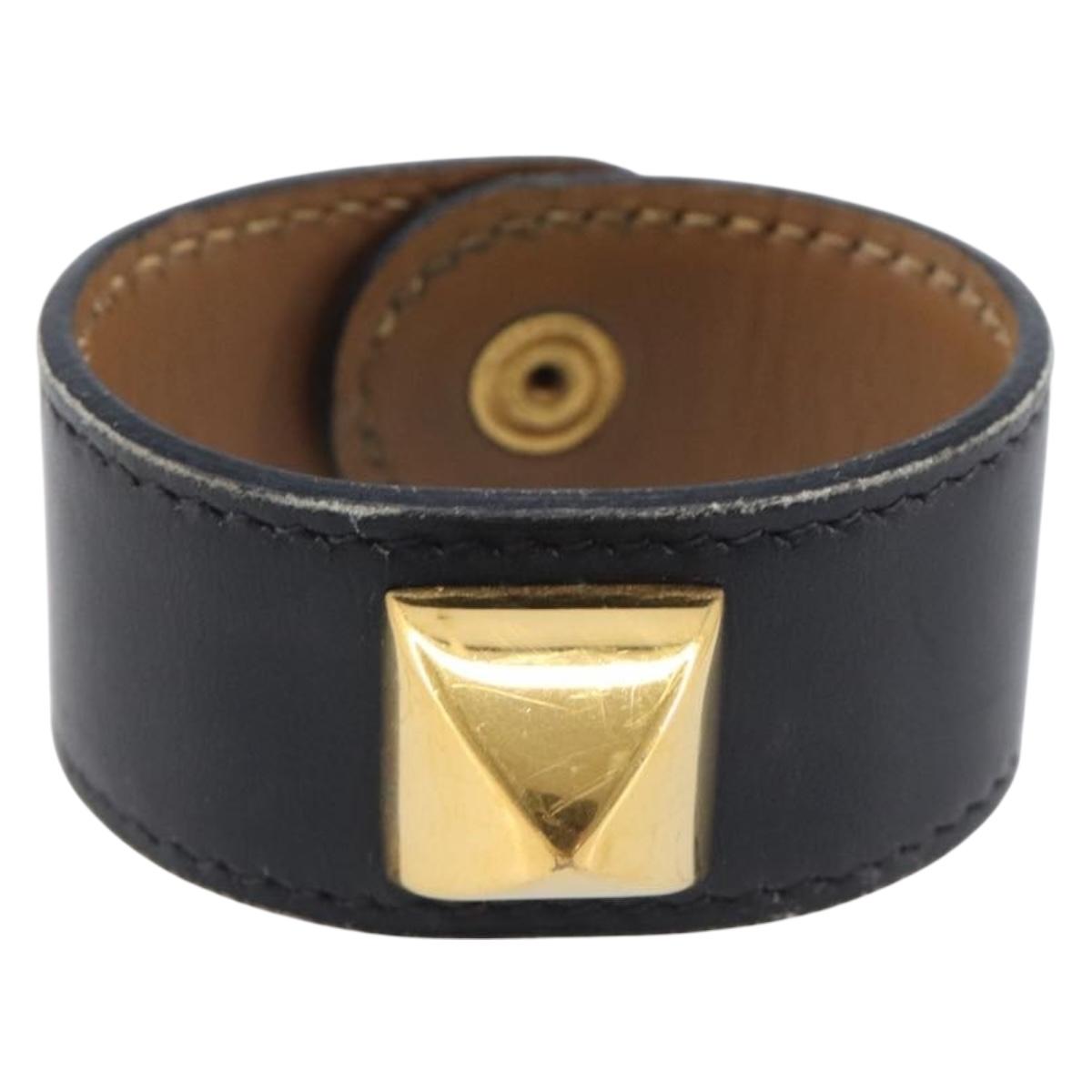 HERMES Medor Bracelet Leather Black Gold Auth 210660