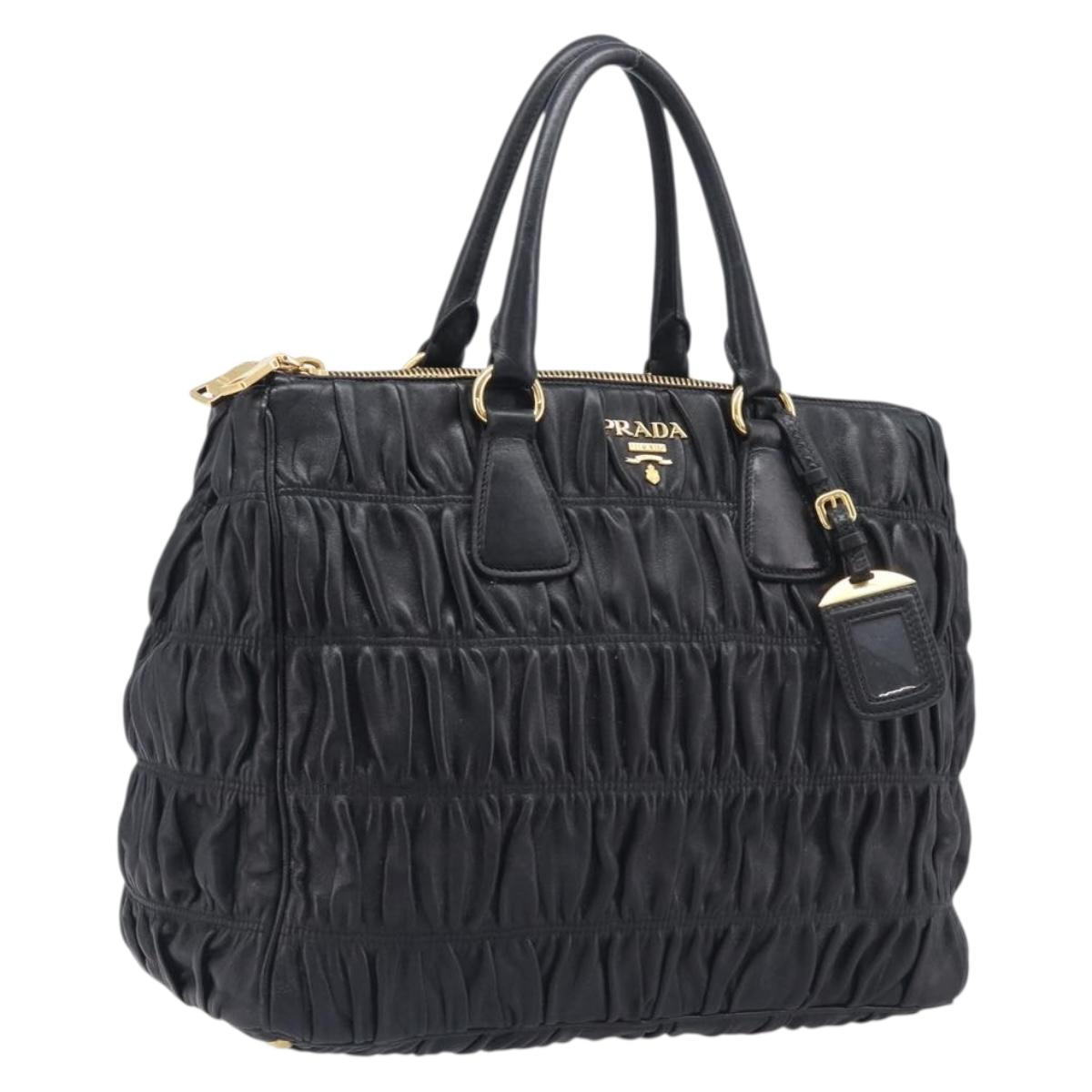 PRADA Gathered Hand Bag Leather Black Gold Auth 210740V