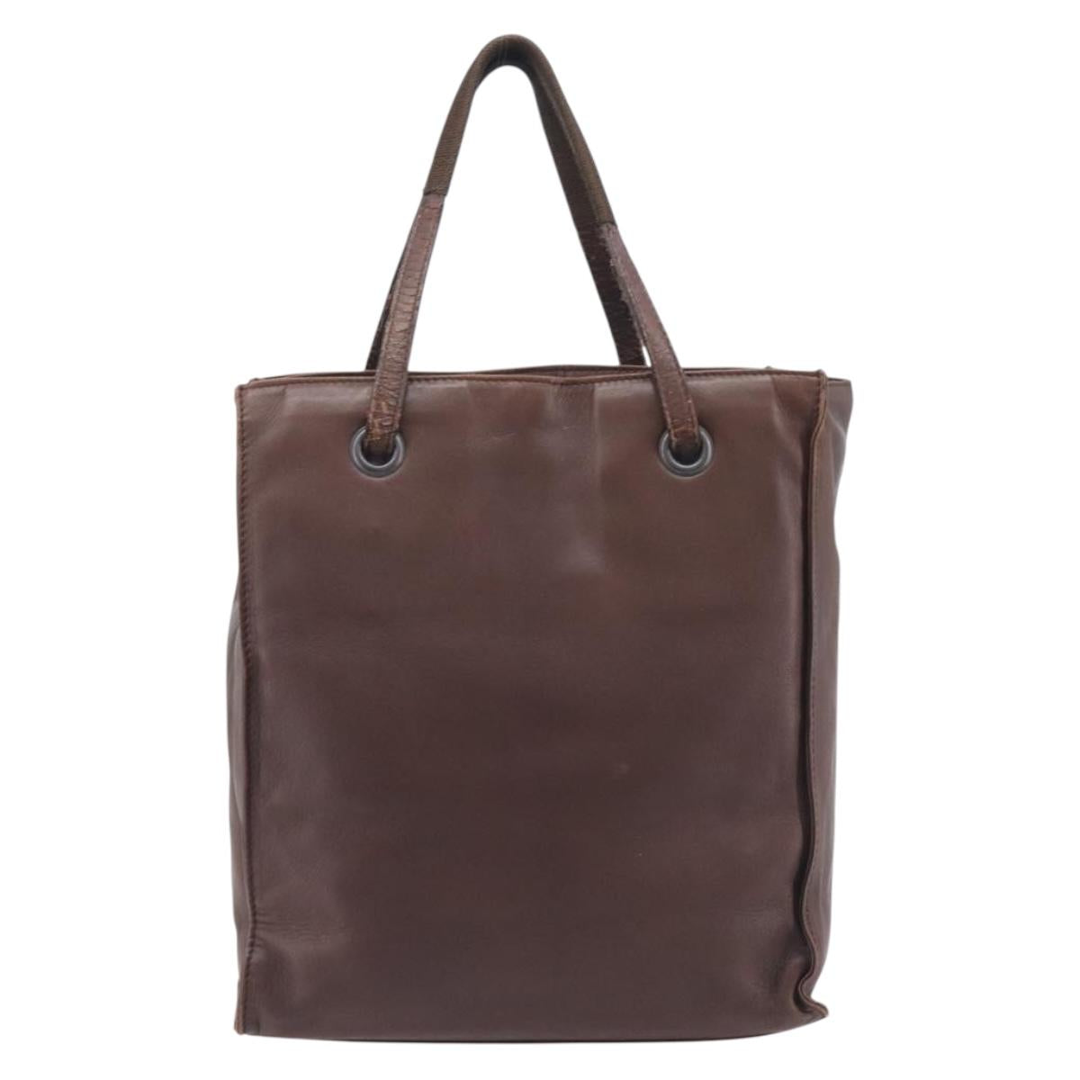 PRADA Hand Bag Leather Brown Silver Auth 210742
