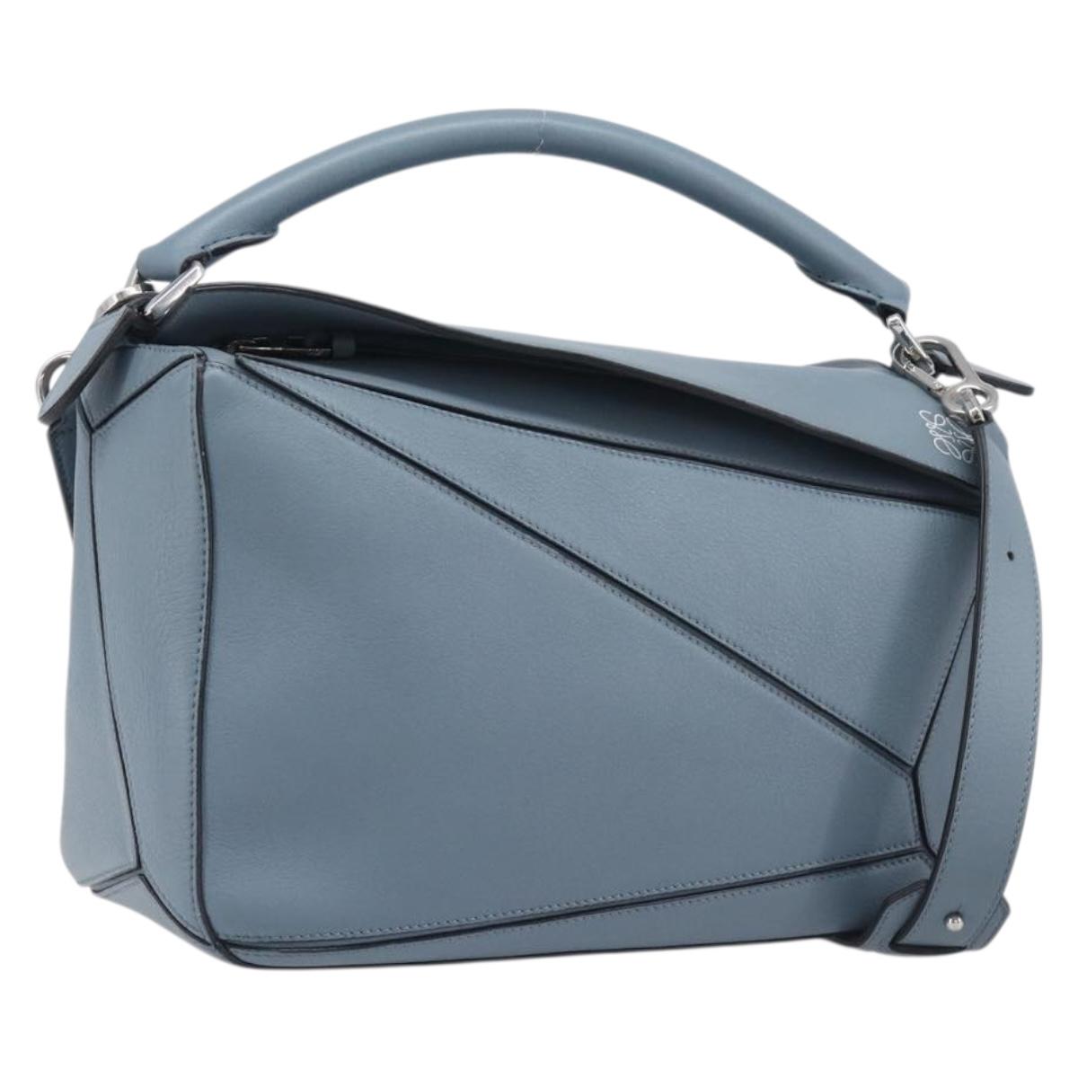LOEWE Puzzle Bag Hand Bag Leather 2way Light Blue Silver Auth 210776M
