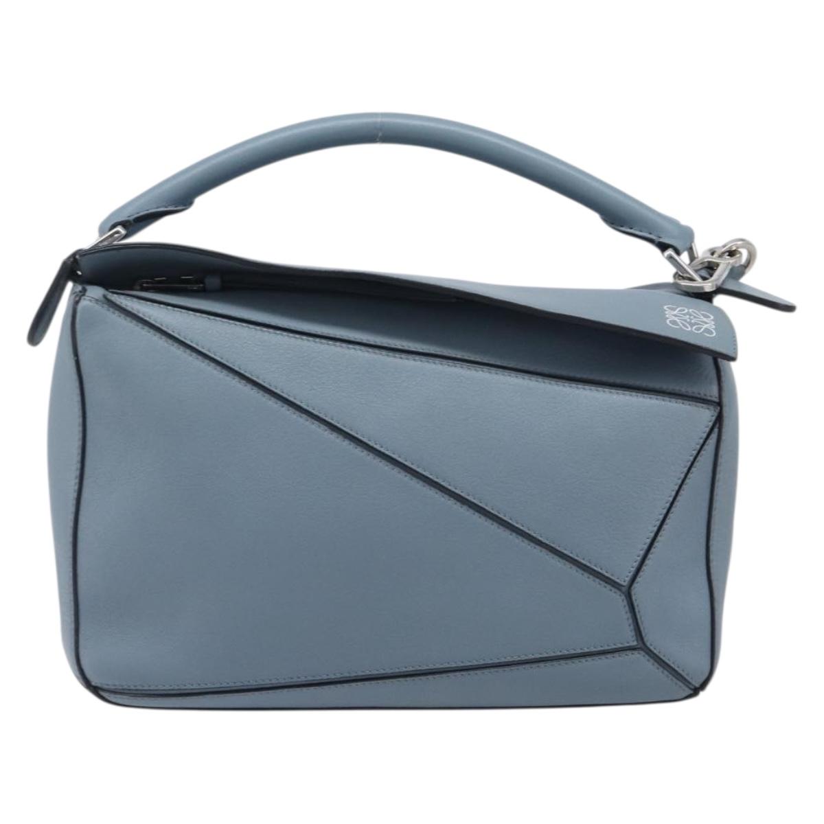 LOEWE Puzzle Bag Hand Bag Leather 2way Light Blue Silver Auth 210776M