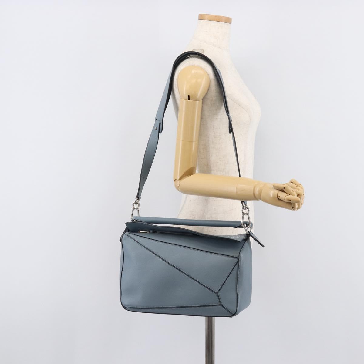 LOEWE Puzzle Bag Hand Bag Leather 2way Light Blue Silver Auth 210776M