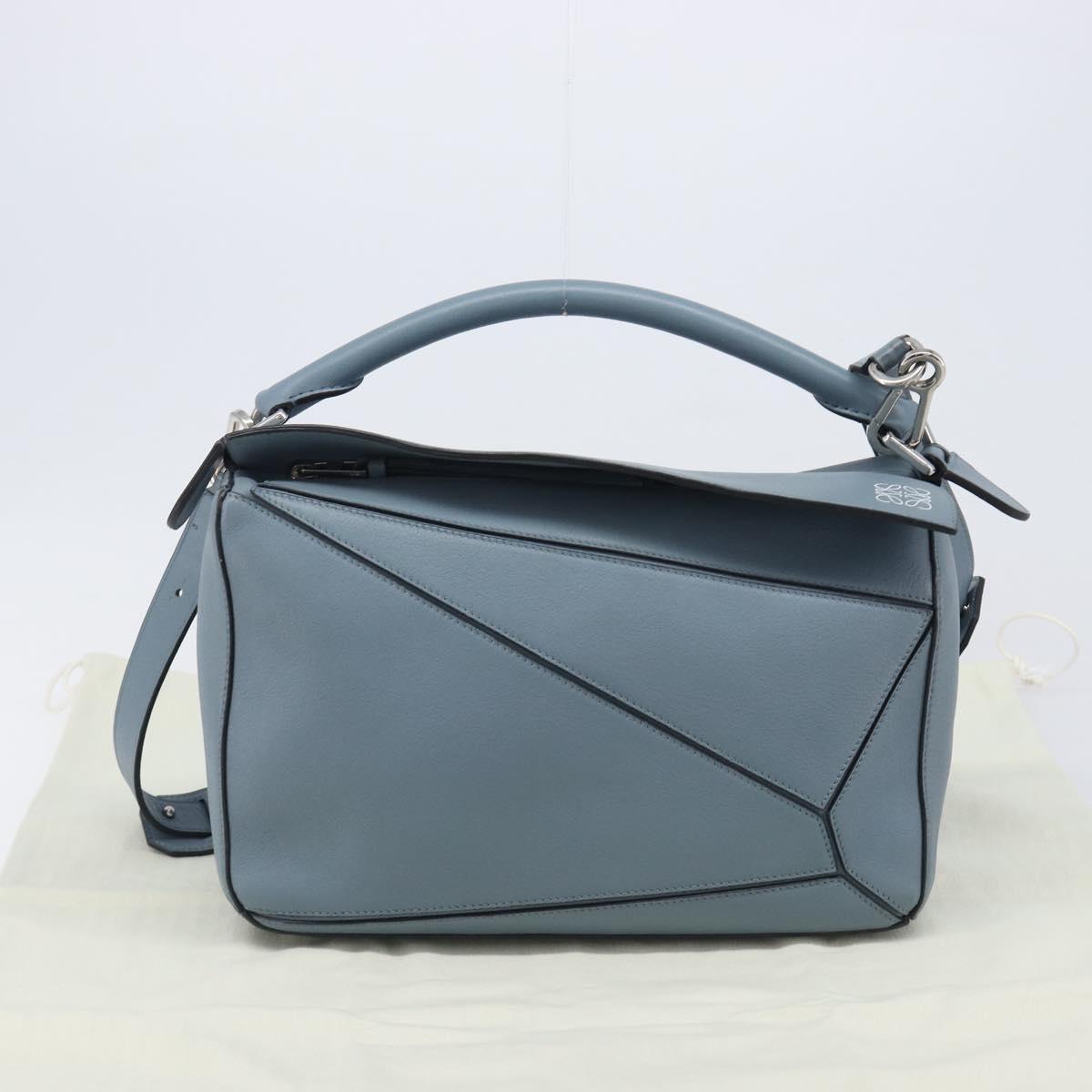 LOEWE Puzzle Bag Hand Bag Leather 2way Light Blue Silver Auth 210776M