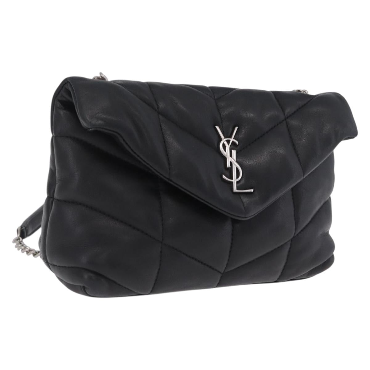 Saint Laurent Chain Lulu Shoulder Bag Leather Black Silver Auth 210788V