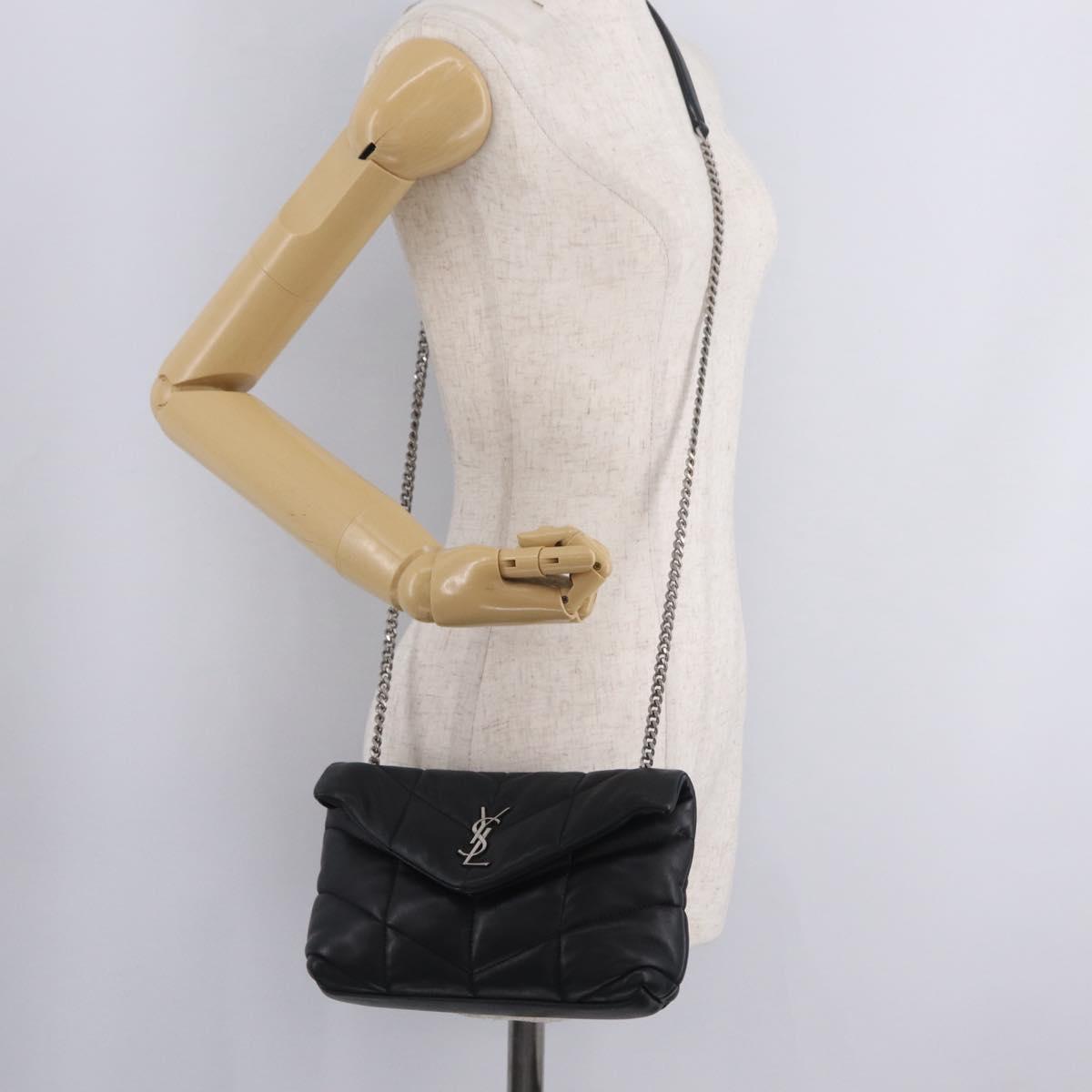 Saint Laurent Chain Lulu Shoulder Bag Leather Black Silver Auth 210788V