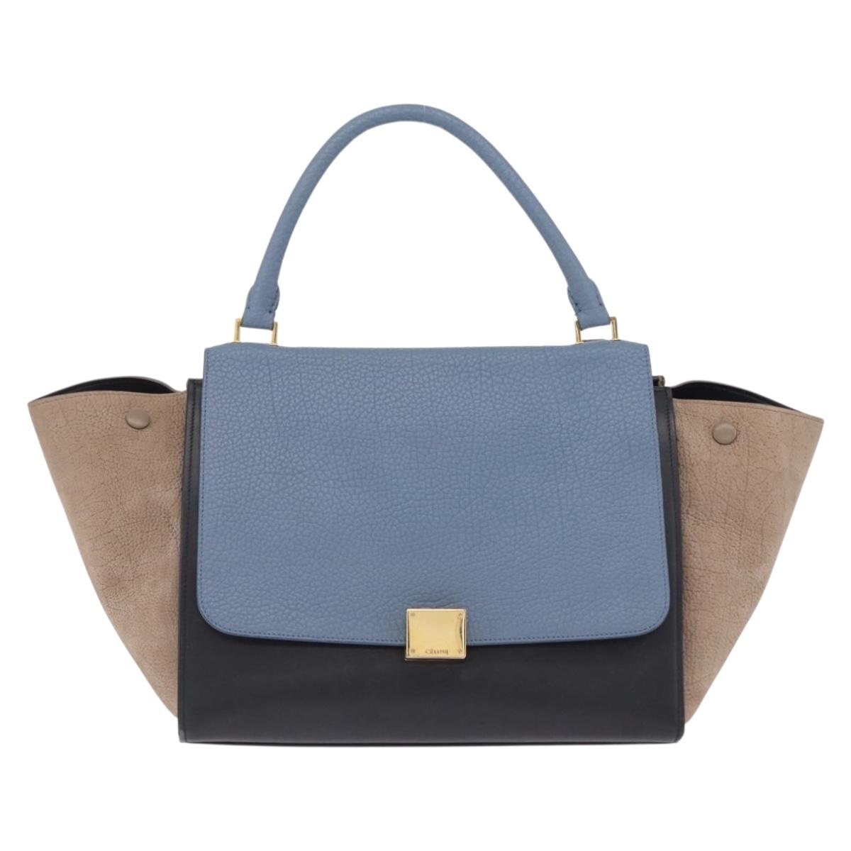 CELINE Trapeze Hand Bag Leather 2way Navy Gold Auth 210792V