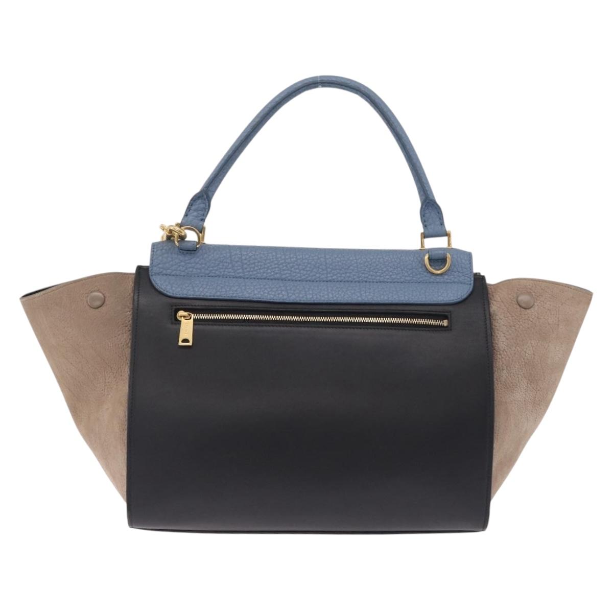CELINE Trapeze Hand Bag Leather 2way Navy Gold Auth 210792V