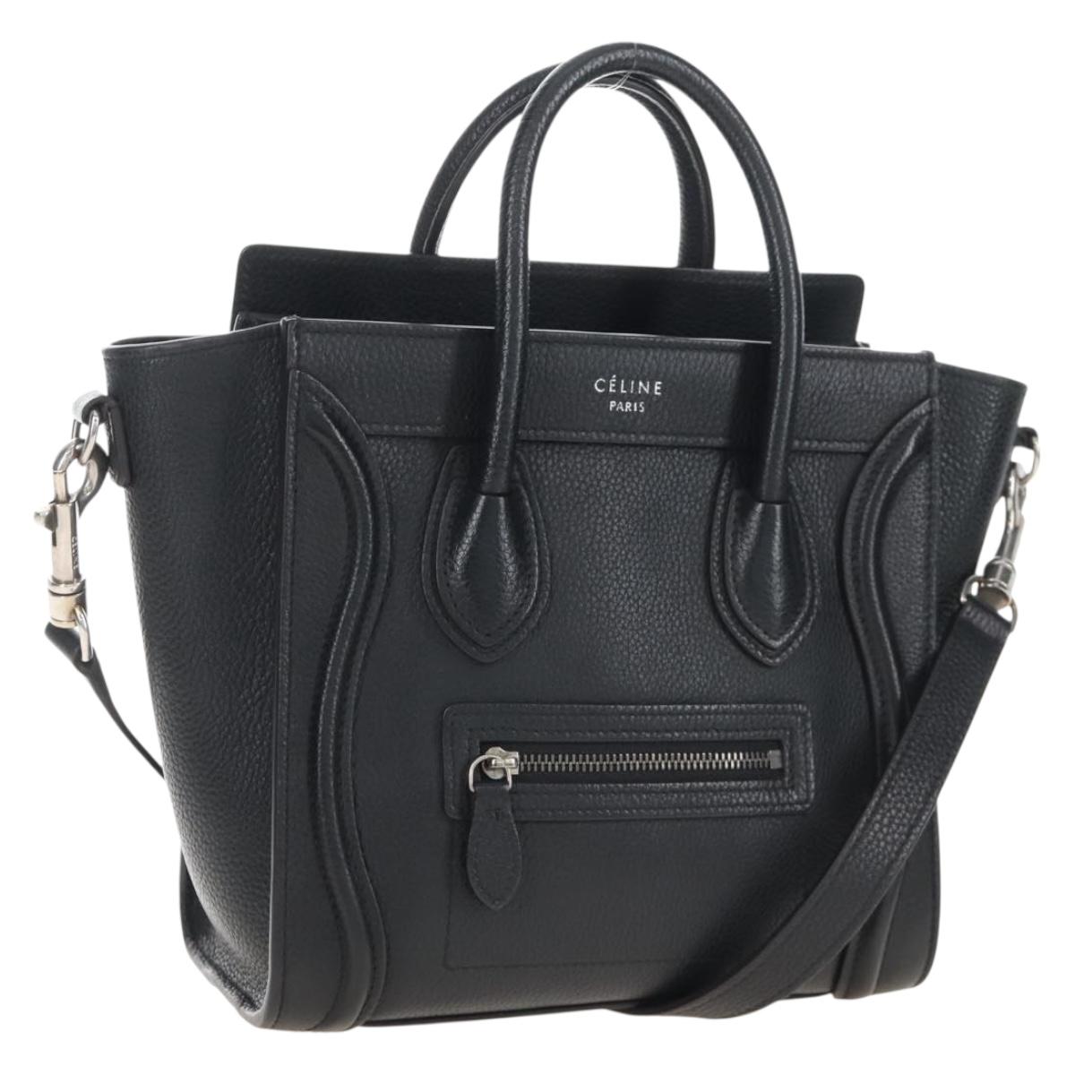 CELINE Luggage Nano Hand Bag Leather 2way Black Silver Auth 210812V