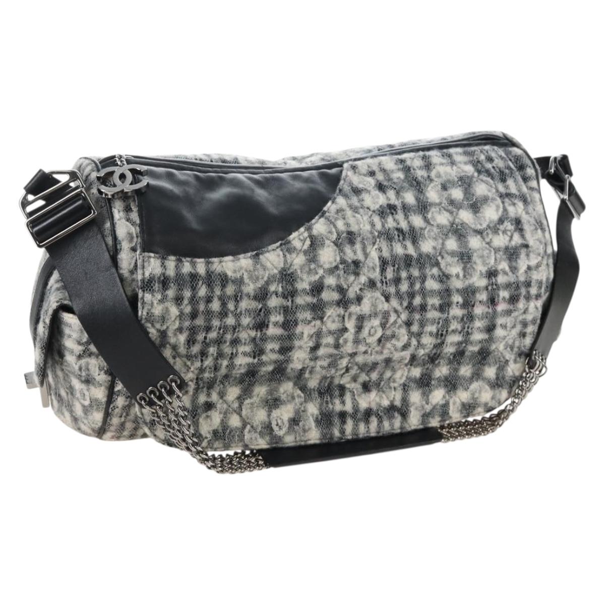 CHANEL Matelasse Camellia Chain Shoulder Bag tweed Gray Silver CC Auth 210823A