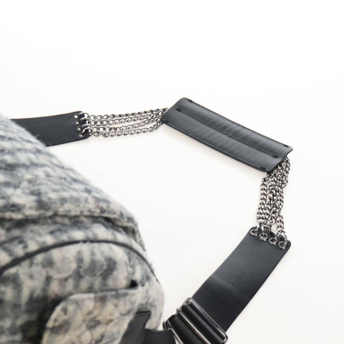 CHANEL Matelasse Camellia Chain Shoulder Bag tweed Gray Silver CC Auth 210823A