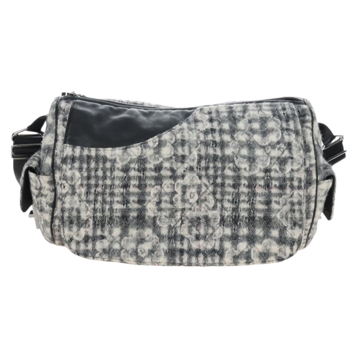 CHANEL Matelasse Camellia Chain Shoulder Bag tweed Gray Silver CC Auth 210823A