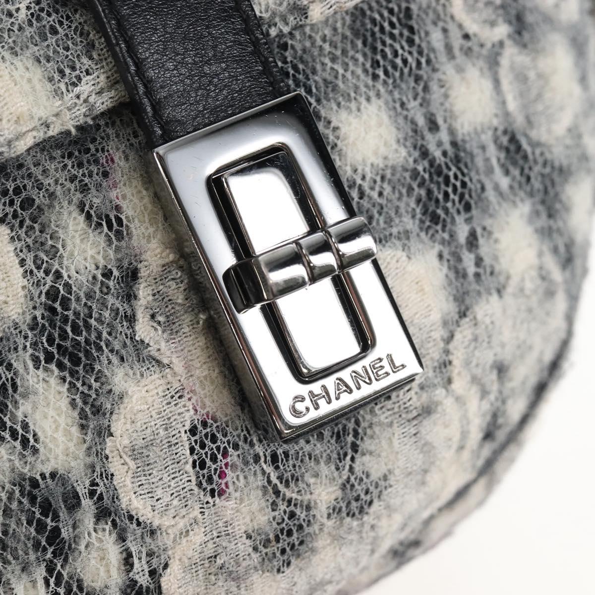 CHANEL Matelasse Camellia Chain Shoulder Bag tweed Gray Silver CC Auth 210823A