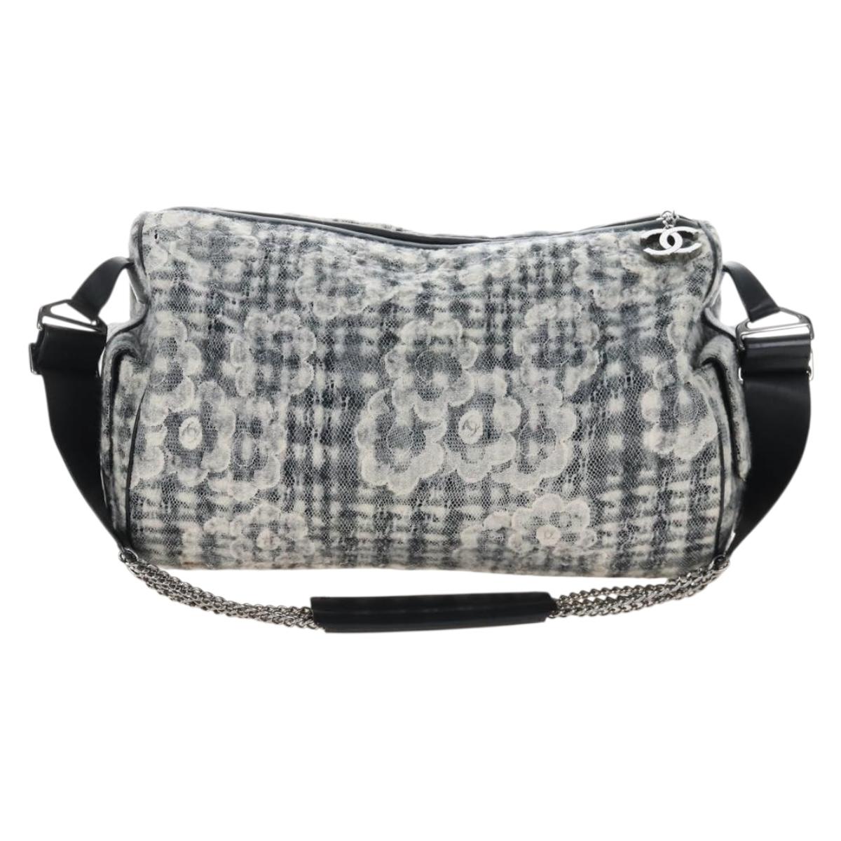 CHANEL Matelasse Camellia Chain Shoulder Bag tweed Gray Silver CC Auth 210823A