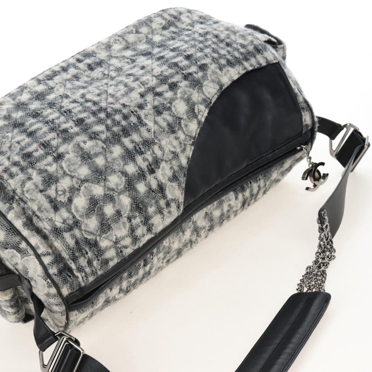 CHANEL Matelasse Camellia Chain Shoulder Bag tweed Gray Silver CC Auth 210823A