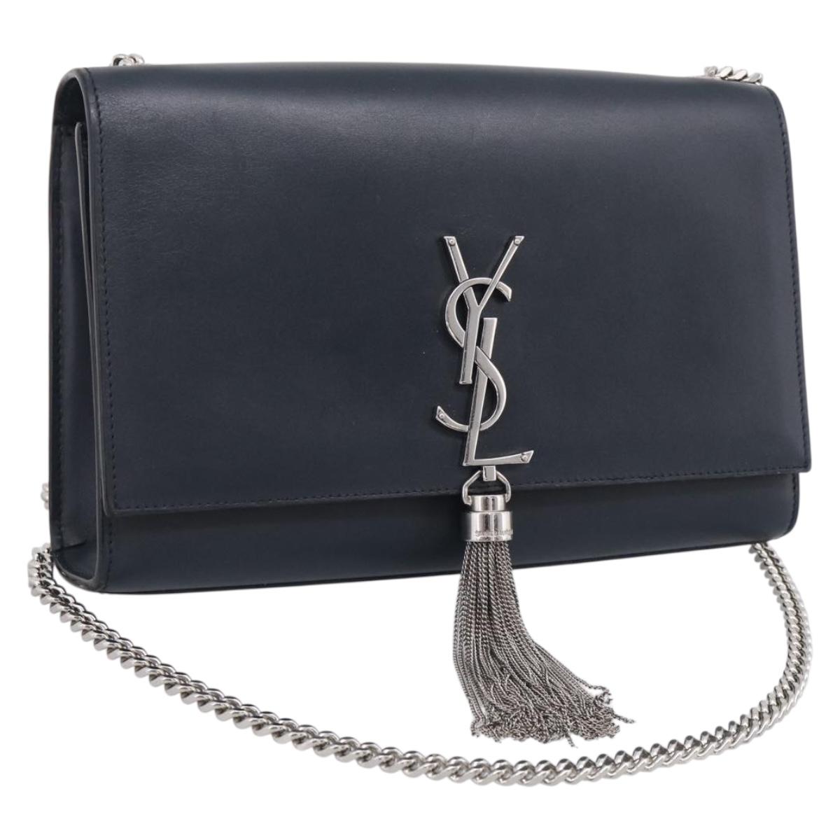 Saint Laurent Kate Chain Shoulder Bag Leather Navy Silver Auth 210824V