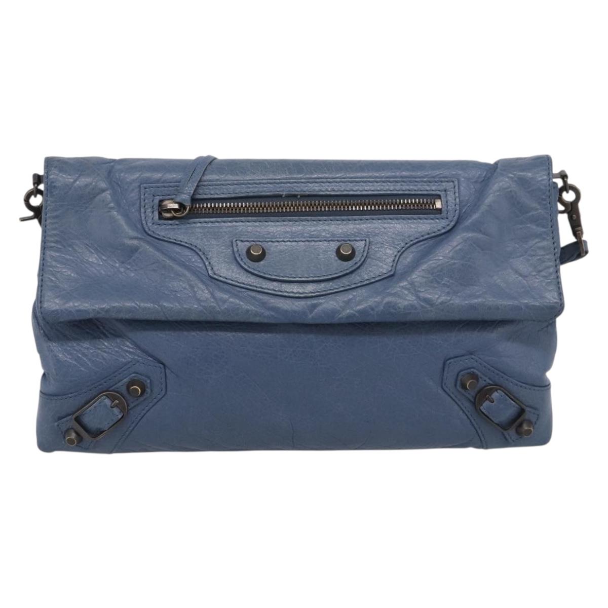 Balenciaga Classic Envelope Shoulder Bag Leather Navy Silver 319376 Auth 210834A