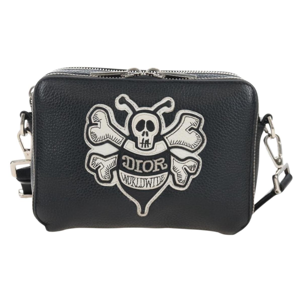 Christian Dior Shoulder Bag Leather Shawn Stussy Black Silver Auth 210852M