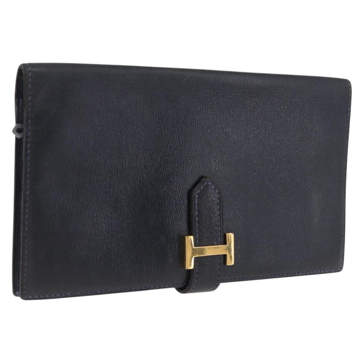 HERMES Bean Long Wallet Leather Black Gold Auth 210865A