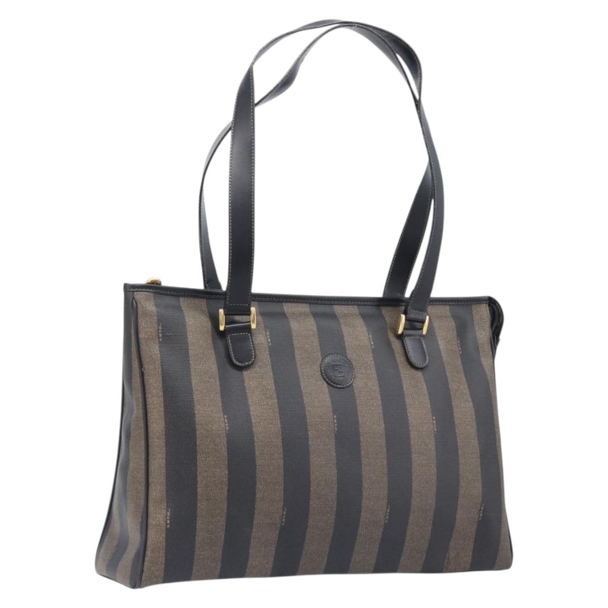 FENDI Pequin Canvas Tote Bag PVC Brown Black Auth 210869A