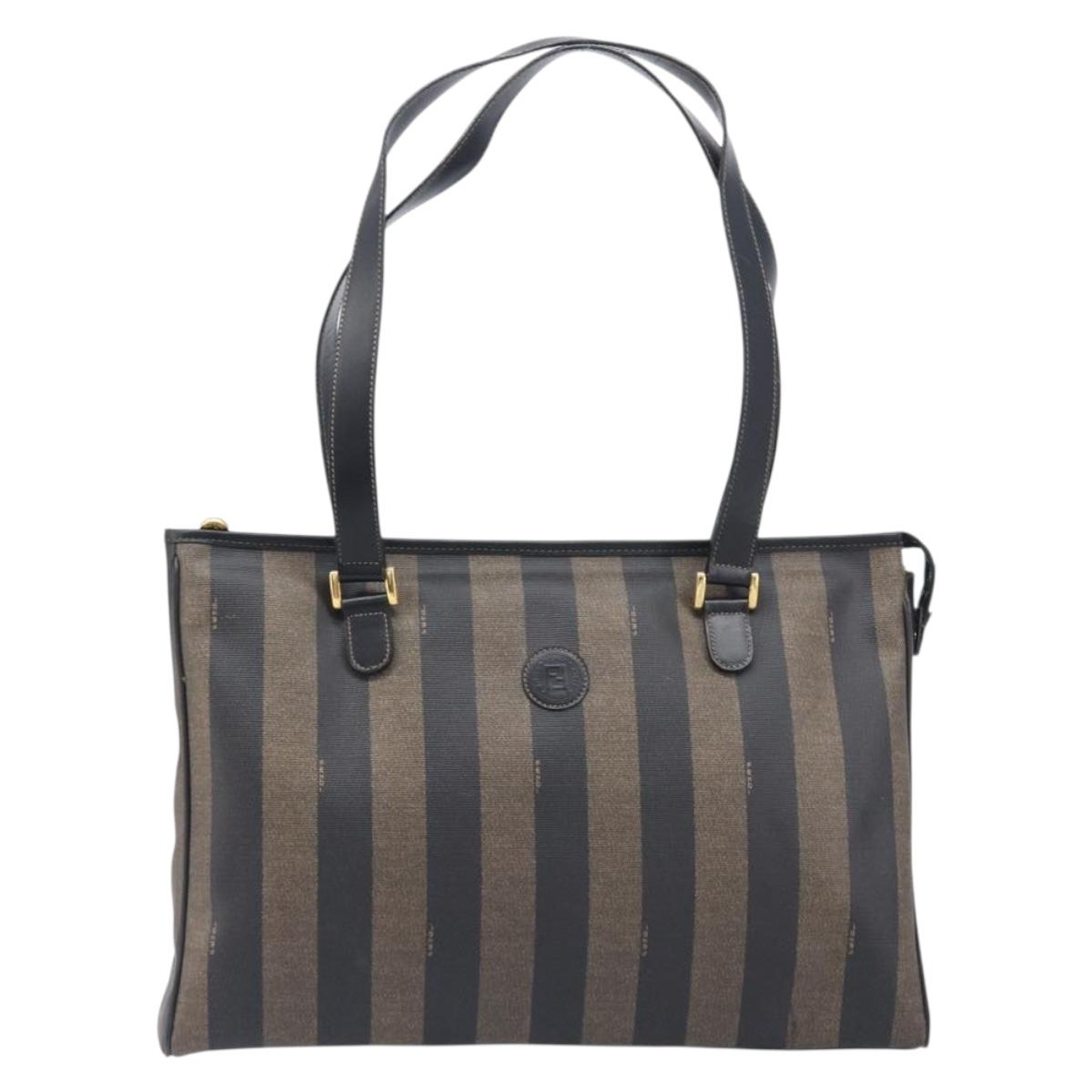FENDI Pequin Canvas Tote Bag PVC Brown Black Auth 210869A