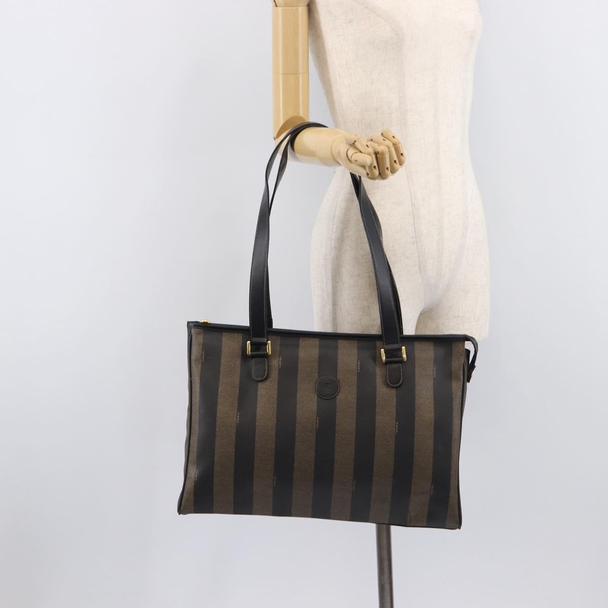 FENDI Pequin Canvas Tote Bag PVC Brown Black Auth 210869A
