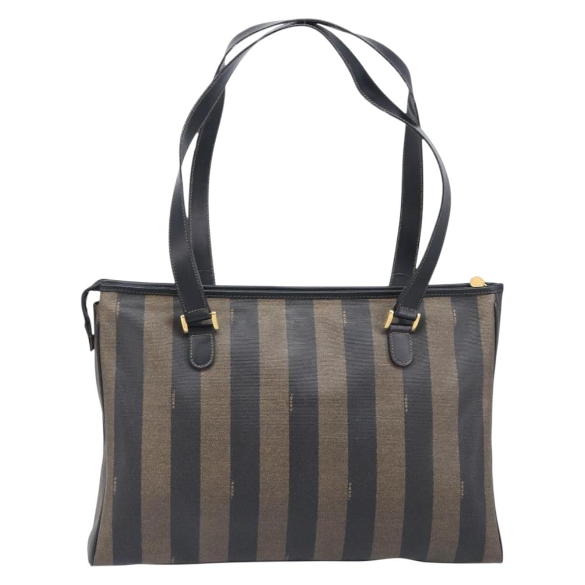 FENDI Pequin Canvas Tote Bag PVC Brown Black Auth 210869A