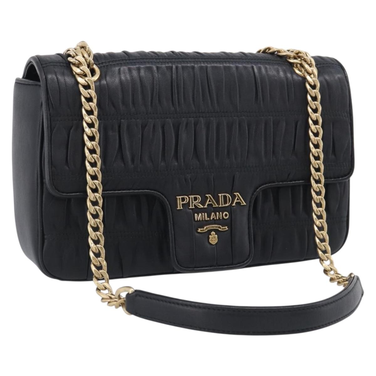 PRADA Gathered Chain Shoulder Bag Leather Black Gold Tone Auth 210874V