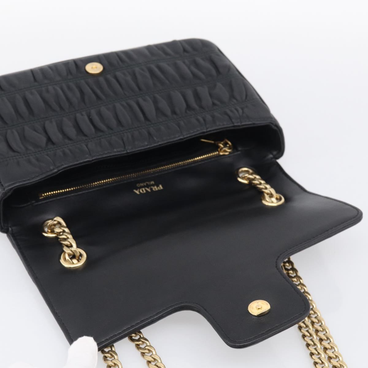 PRADA Gathered Chain Shoulder Bag Leather Black Gold Tone Auth 210874V