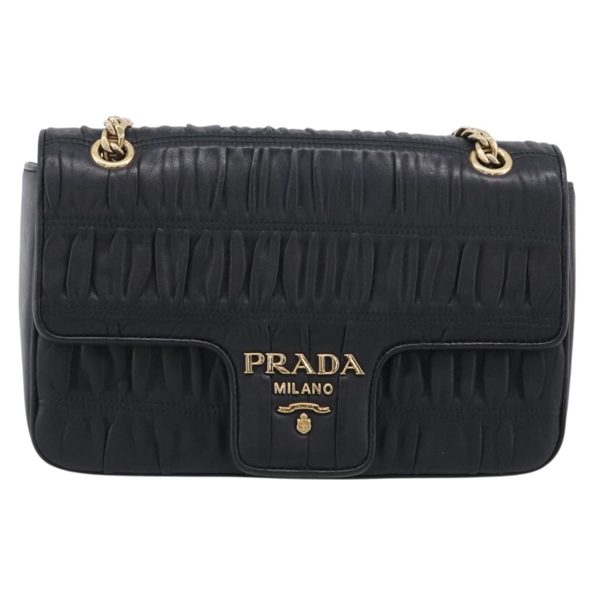PRADA Gathered Chain Shoulder Bag Leather Black Gold Tone Auth 210874V