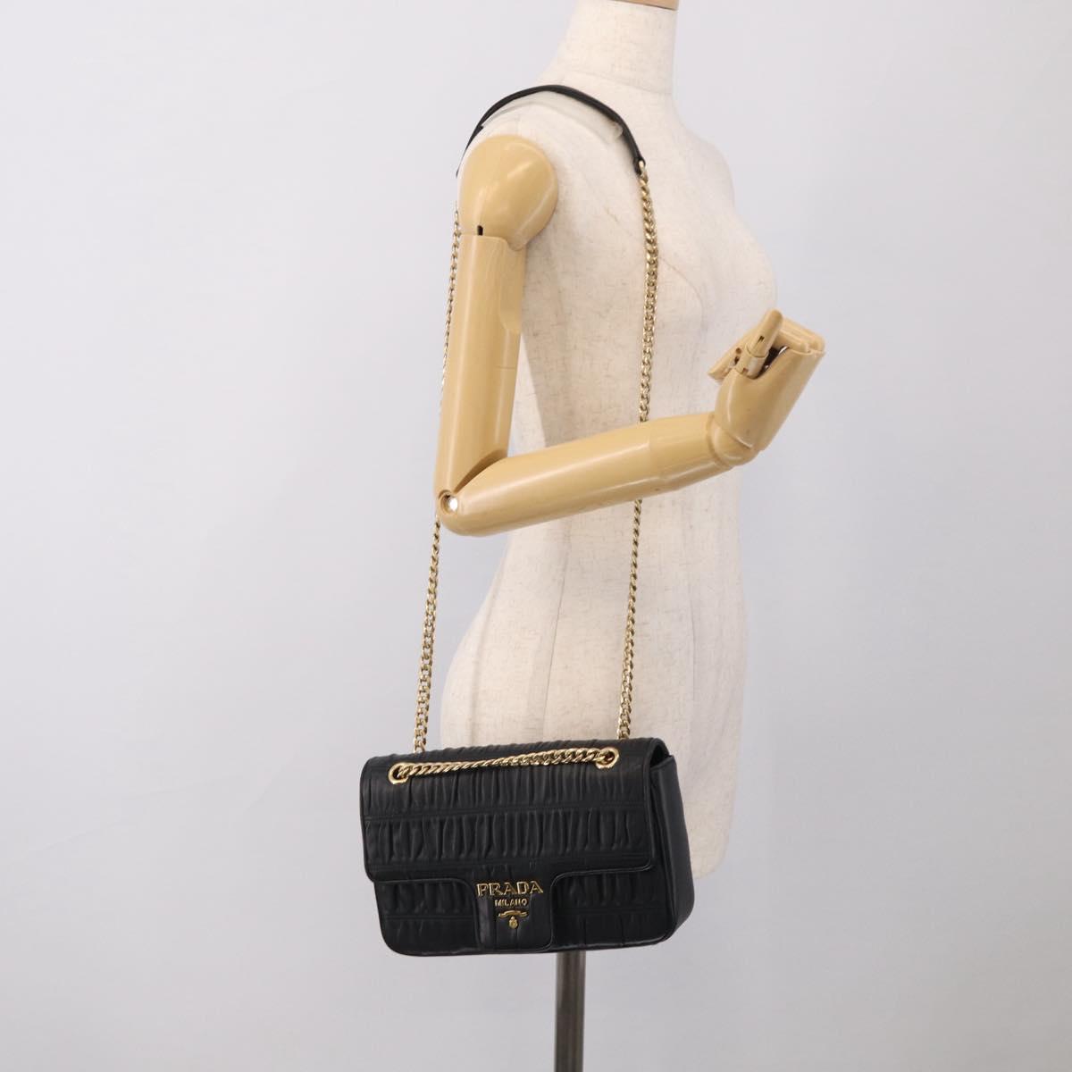 PRADA Gathered Chain Shoulder Bag Leather Black Gold Tone Auth 210874V