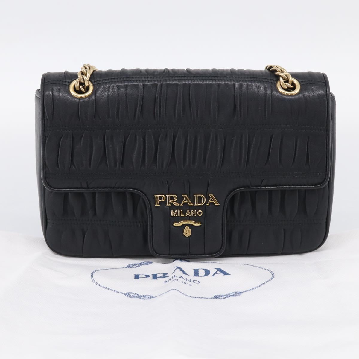 PRADA Gathered Chain Shoulder Bag Leather Black Gold Tone Auth 210874V