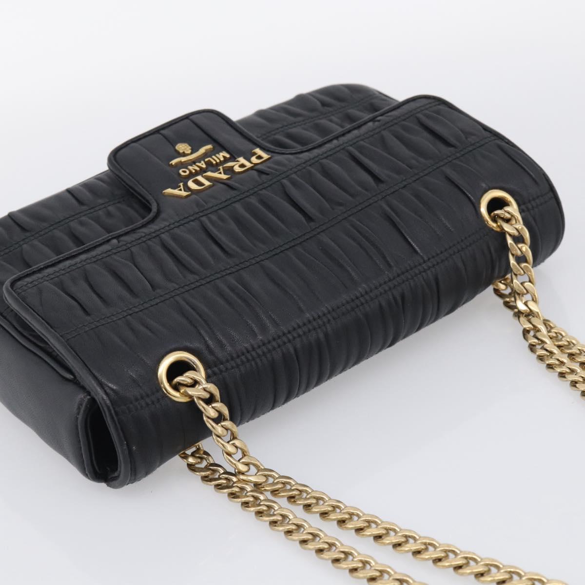 PRADA Gathered Chain Shoulder Bag Leather Black Gold Tone Auth 210874V