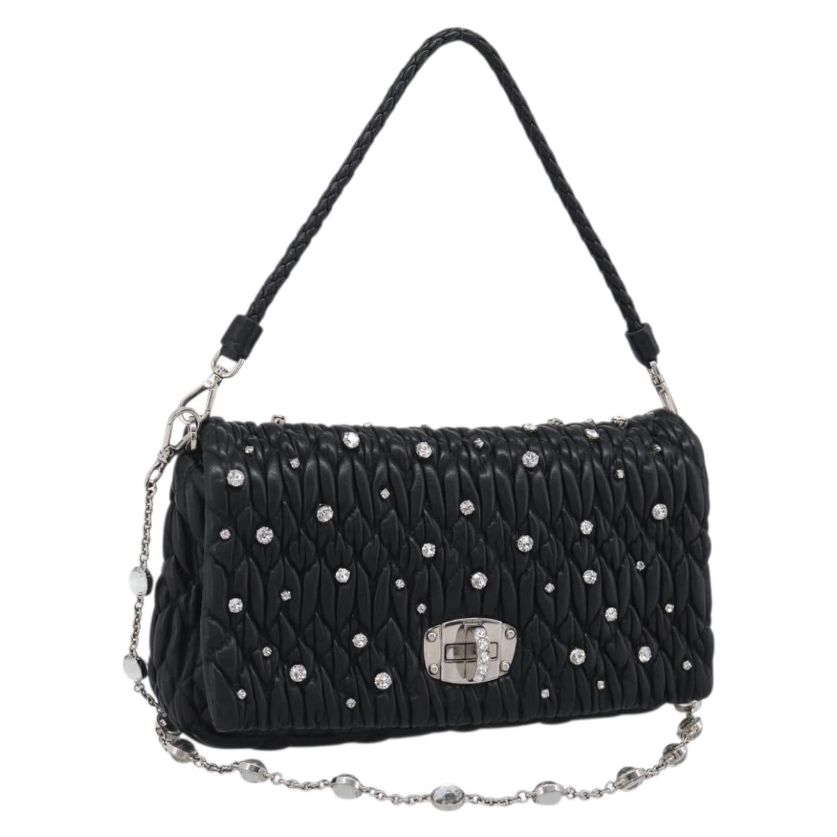 Miu Miu Gathered Chain Shoulder Bag Leather 2way Black Silver Auth 210909SAM