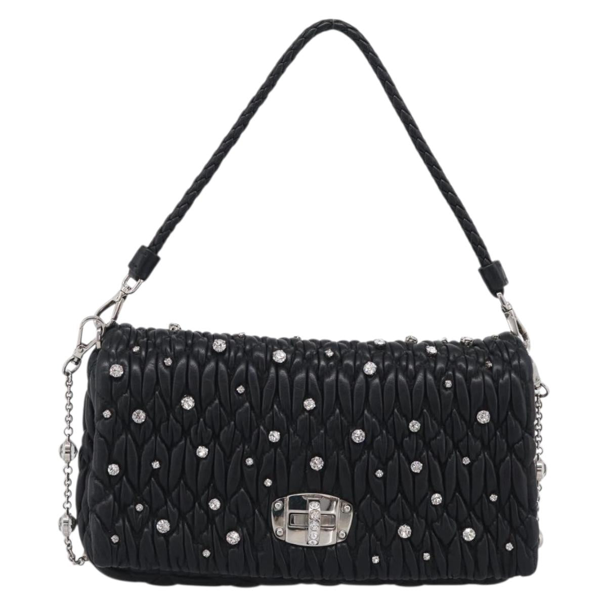 Miu Miu Gathered Chain Shoulder Bag Leather 2way Black Silver Auth 210909SAM