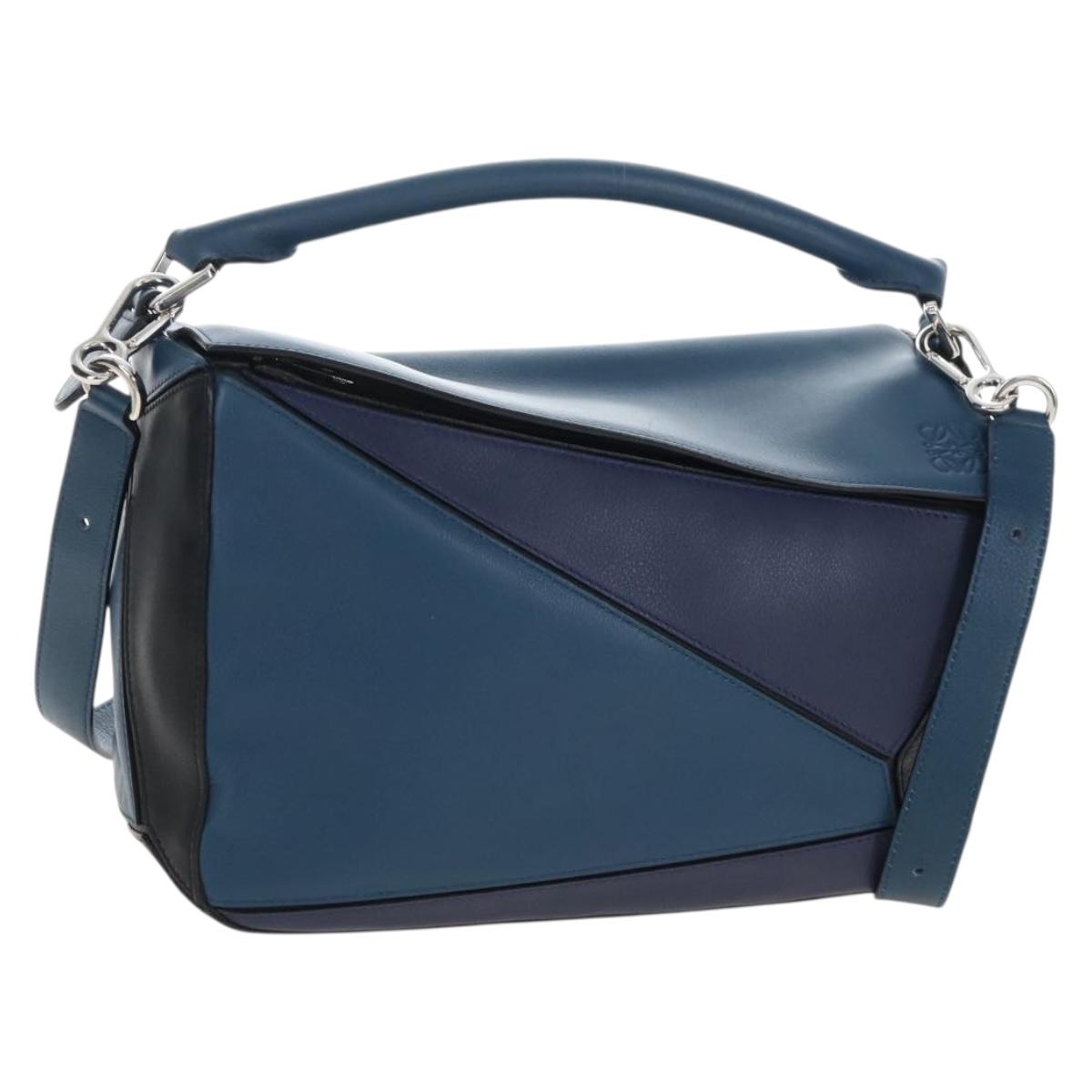 LOEWE Puzzle Hand Bag Leather 2way Blue Silver Auth 210927SAM