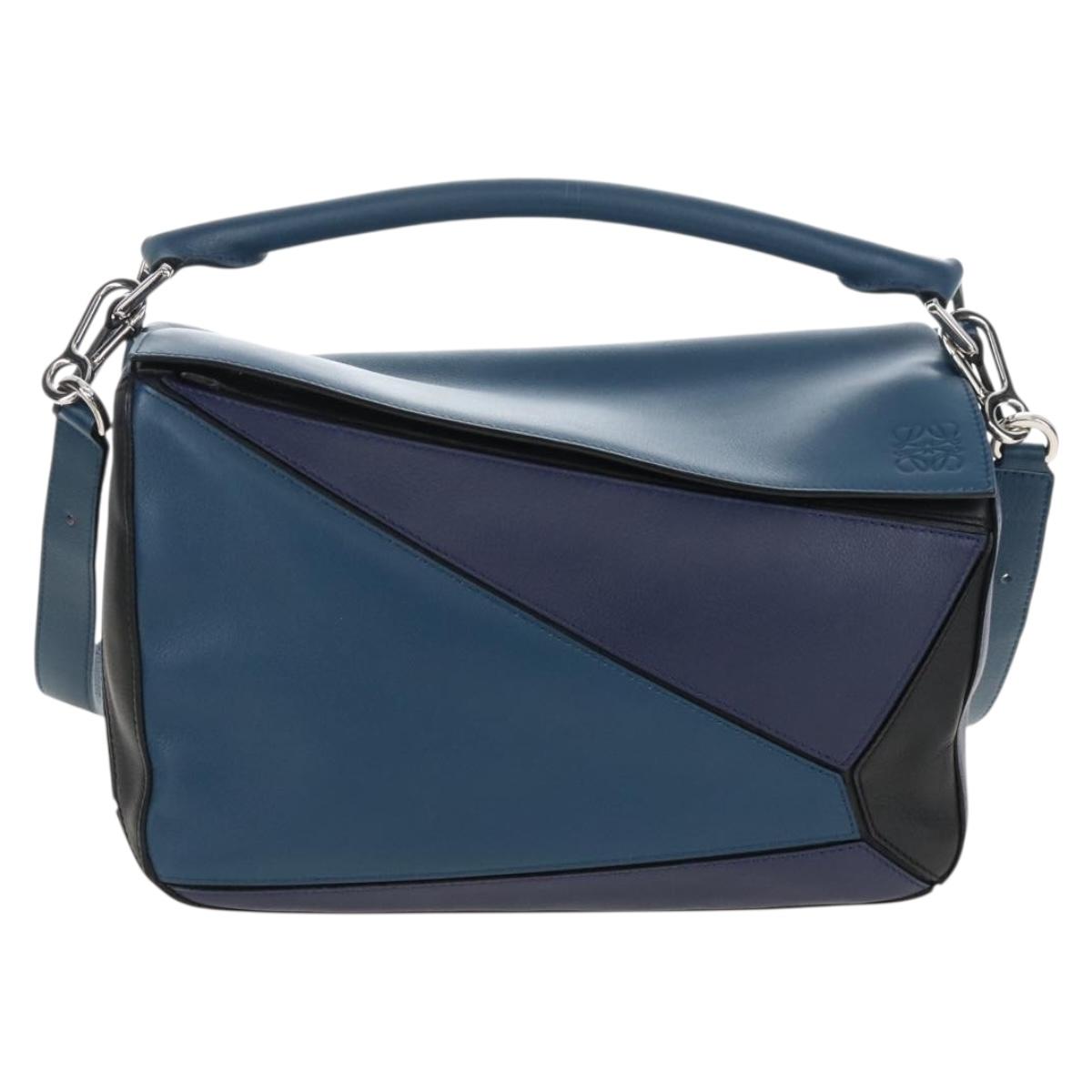 LOEWE Puzzle Hand Bag Leather 2way Blue Silver Auth 210927SAM