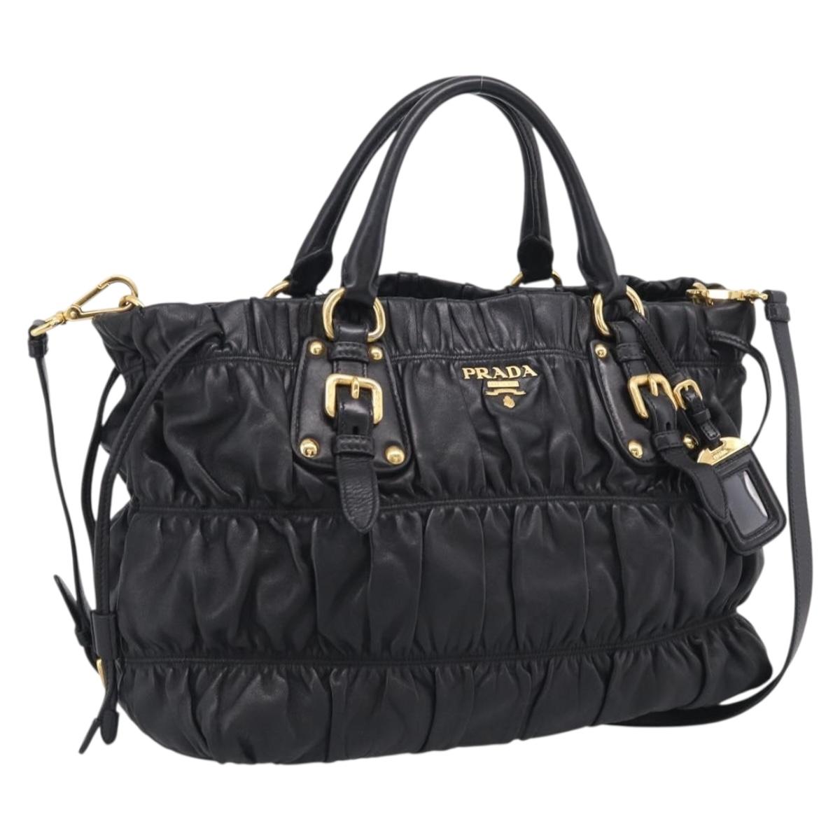 PRADA Gathered Hand Bag Leather 2way Black Gold Auth 210929V