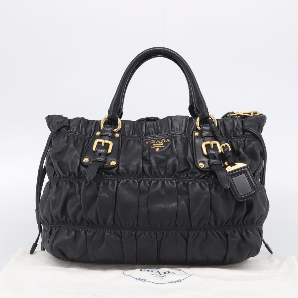PRADA Gathered Hand Bag Leather 2way Black Gold Auth 210929V