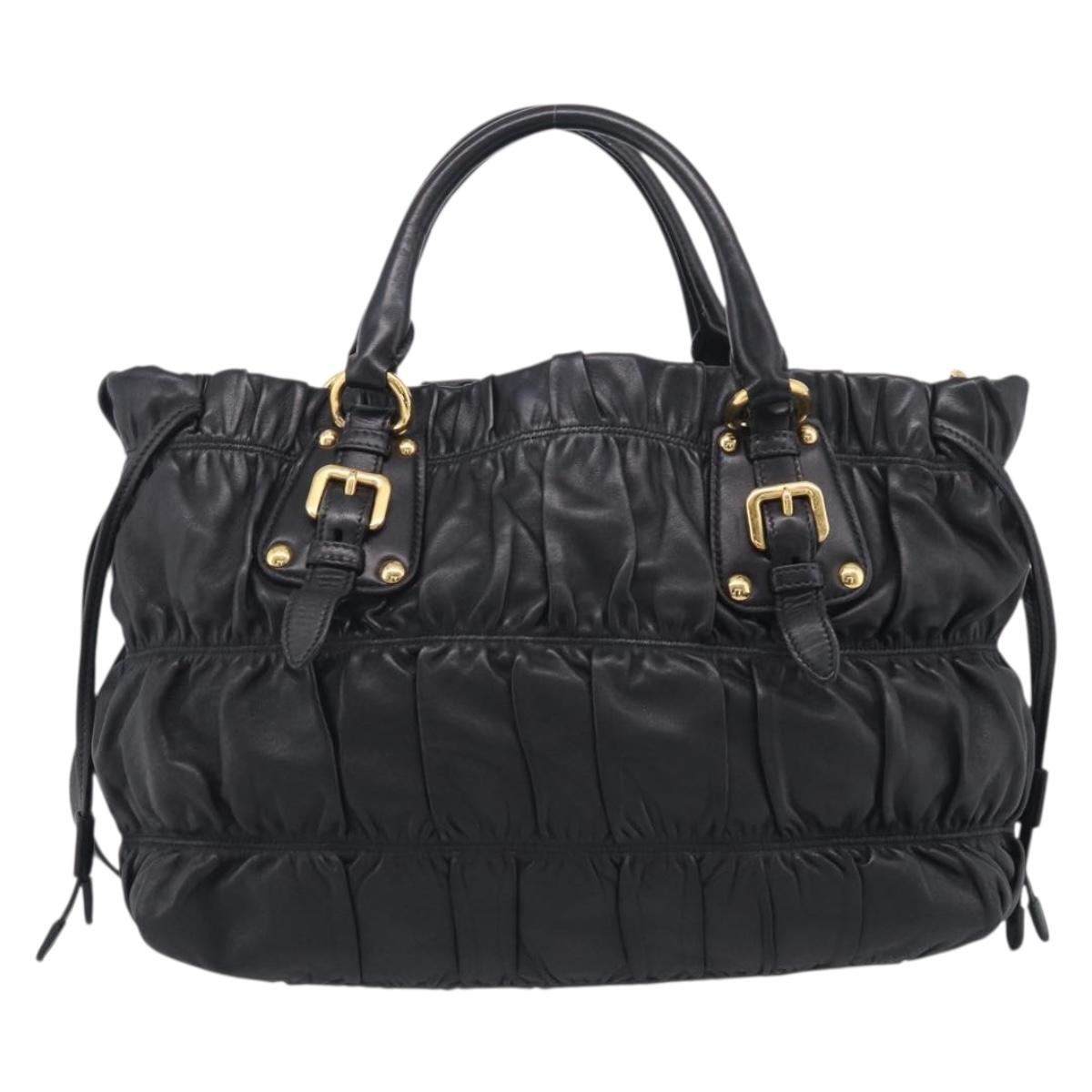 PRADA Gathered Hand Bag Leather 2way Black Gold Auth 210929V