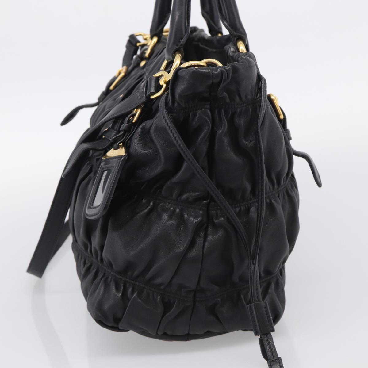 PRADA Gathered Hand Bag Leather 2way Black Gold Auth 210929V