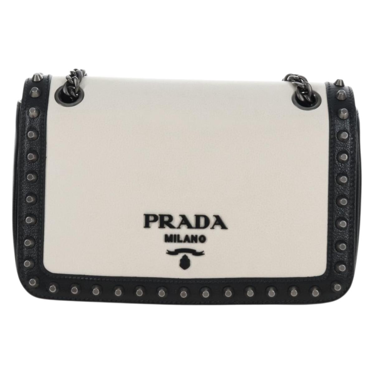 PRADA Chain Shoulder Bag Leather White Black Auth 210933V