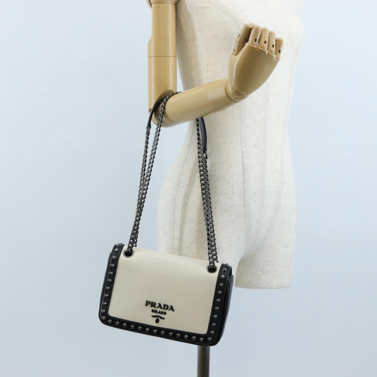 PRADA Chain Shoulder Bag Leather White Black Auth 210933V