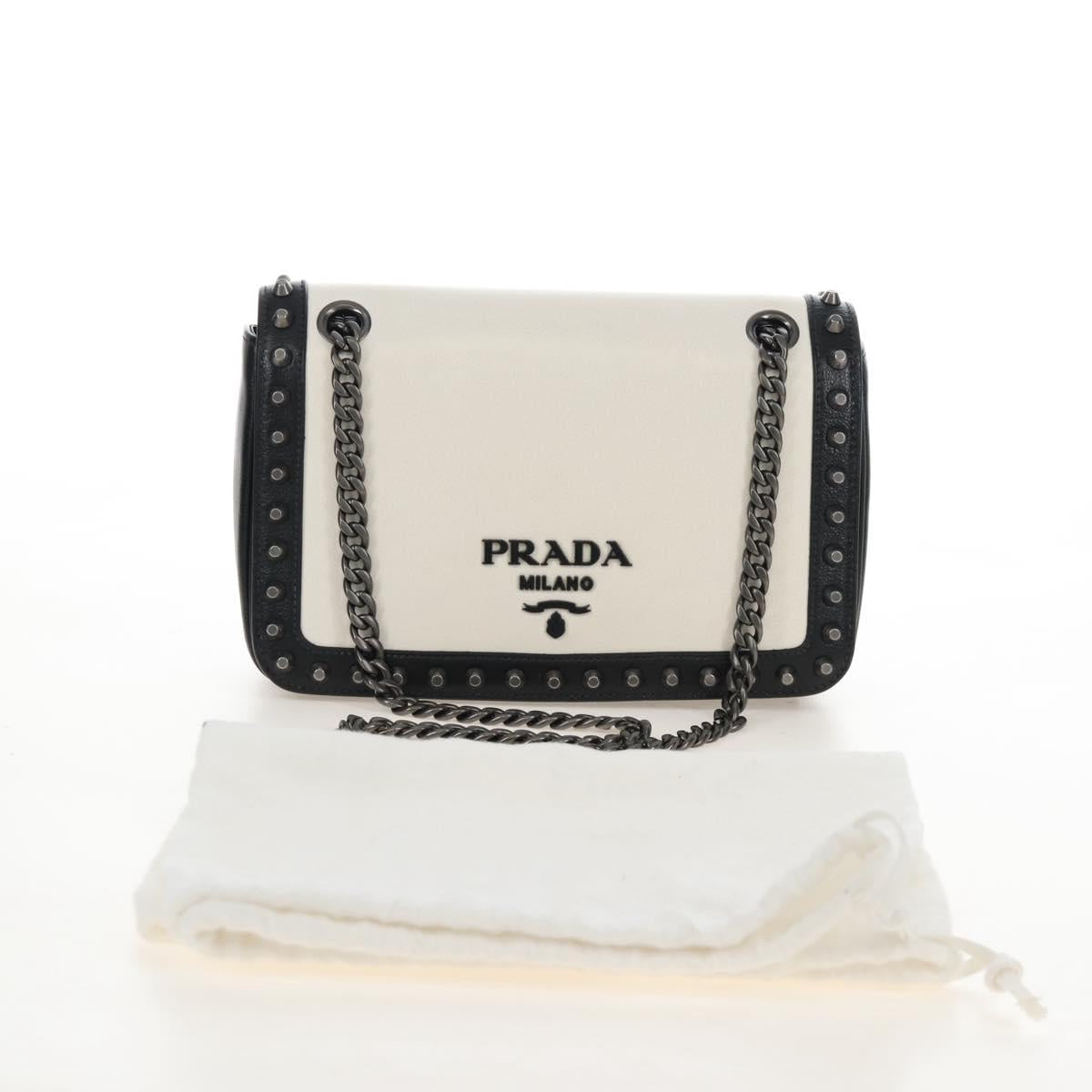 PRADA Chain Shoulder Bag Leather White Black Auth 210933V